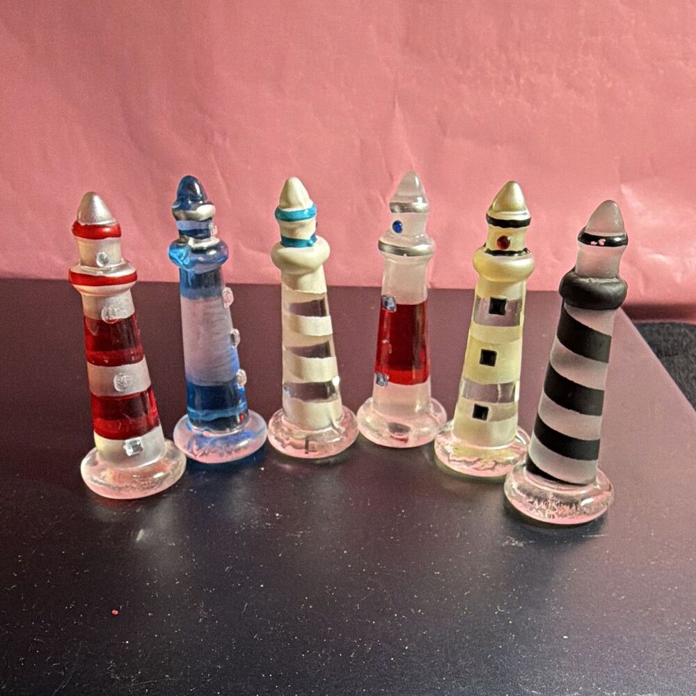 Glass Mini Lighthouse Figurines Set of 6 Nautical Multicolor Striped Unboxed